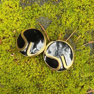 Vintage St. John Large Heavy Gold Plated Black Enamel Button Logo Ear Clips